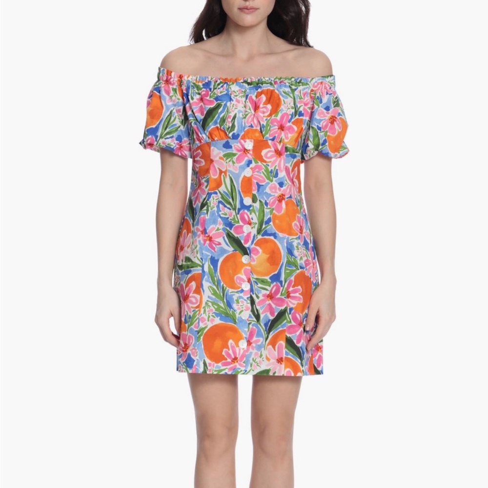 Donna Morgan Off Shoulder Mini Dress Size 8 NWOT Floral Orange Print 🍊